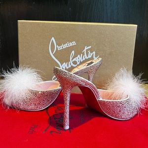 Louboutin PIN UP STRASS pink crystal heels 100 mules feather limited rare 38.5
